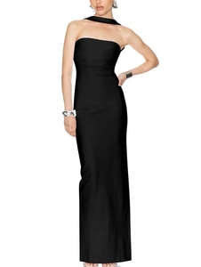 Elegante abito a fascia nero con allacciatura al collo e schiena scoperta per serate di gala
