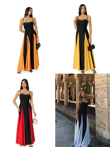 Women Sexy Halter Contrast Color Patchwork Maxi Dress Elegant French Slim Fit Pleated Evening Party Large Swing Bandage Dress