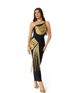 Robe bandage noire élégante à une épaule avec franges dorées fluides pour femme