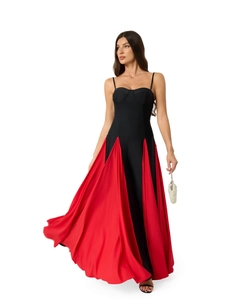 French style contrast color slim fit evening maxi dress with red satin flared hem