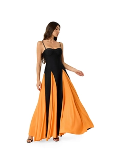 Elegant french style contrast color pleated maxi dress with slim fit bodice and straps