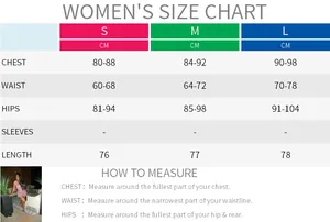 Detailed women's dress size chart showing measurements for S, M, and L sizes in centimeters