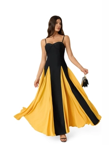 Sleeveless contrast color A-line dress featuring black bodice and yellow pleated skirt