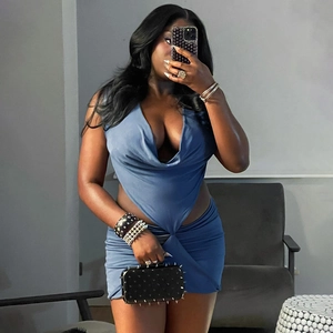 Sexy blue two-piece set featuring deep V-neck halter top and slim fit bodycon skirt