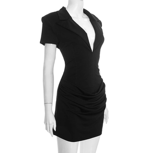 Detail of black V-neck mini dress with waist ruching and structured suit collar design