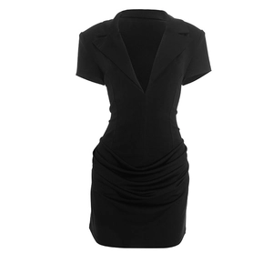 Detail of the V-neck lapel and ruching technique on a slim fit black mini dress
