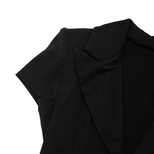 Detailed view of notch lapel and shoulder stitching on black short sleeve blazer