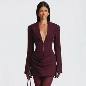 Detail of burgundy V-neck blazer dress showing corset-style waist with hook-and-eye closure