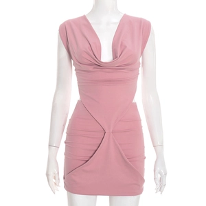 Detail of pink bodycon mini dress featuring a deep V-neckline and draped pleats