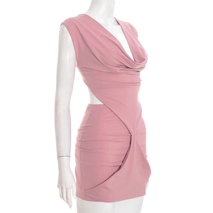 Pink sleeveless mini dress featuring a cowl neckline and side waist cutout detail