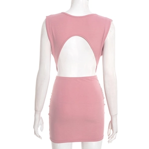 Detailed back view of pink bodycon mini dress featuring a large oval cutout open back