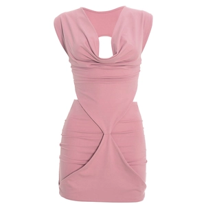 Detail of pink cowl neck sleeveless dress featuring cutout and waist knot details