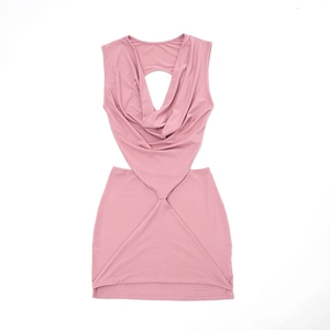 Detail of light pink cutout dress with ruched plunging neckline and waist twist design