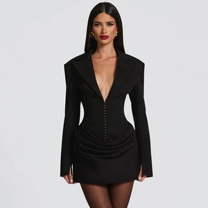 Detail of elegant black deep V-neck blazer dress with waist pleats and hook-and-eye closure