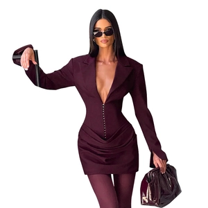 Elegant deep burgundy V-neck blazer dress with cinched corset waist and long sleeves