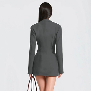 Back view of elegant grey slim-fit blazer dress with professional waist-cinching detail