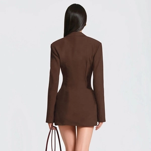 Back view of a coffee brown slim fit dress showing elegant tailoring and draped silhouette