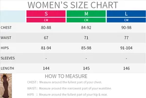 Detaillierte Größentabelle für das rückenfreie Damen-Maxikleid in den Größen S, M und L