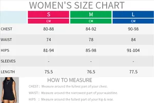 Women's summer sleeveless mini dress size chart with detailed body measurements