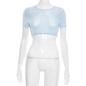 Detailansicht hellblaues, halbtransparentes Mesh-Crop-Top mit Rundhalsausschnitt für Damen