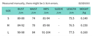Detailed size chart for women's sleeveless mini dress showing bust, waist, and hip measures