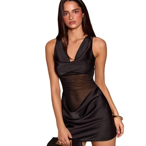 Black satin halter neck mini dress with sheer mesh panel and draped neckline detail