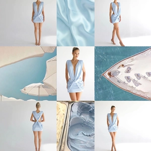 Collage de mini-robe bleu clair sans manches avec col en V profond et détail croisé
