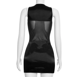 Detail view of the black mini dress featuring a sheer mesh back and sleeveless slim fit