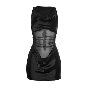Close-up of black cowl neck mini dress featuring sheer mesh inserts and satin fabric