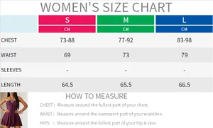 Women sleeveless mini dress size chart with measurement guide for bust and waist