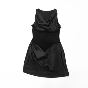 Detail of elegant cowl neck and sheer mesh panel on a black sleeveless mini dress
