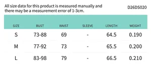 Size chart for the backless mini dress with bust and length measurements in cm