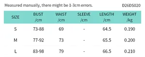 Size chart for halter mini dress showing bust, waist and length measurements from S to L