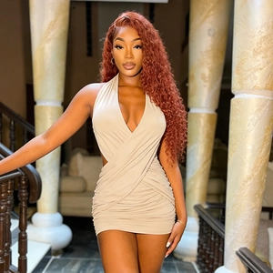 Robe Mini Moulante Sexy à Dos Nu pour Femmes Col en V Plissé Coupe Slim Sans Manches Sans Dos pour Fête et Club