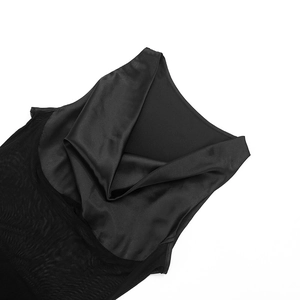 Detail of black satin sleeveless dress with mesh panel and elegant draped neckline