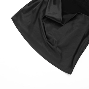 Detailed view of the sleek black satin fabric with smooth texture and fine stitching