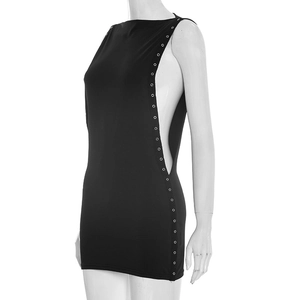 Detail view of the side cutout with silver metal eyelets on a black sleeveless dress