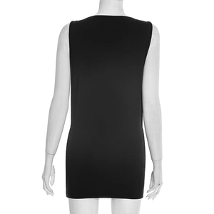 Back view of a black sleeveless dress with a minimalist round neck and metal eyelet details