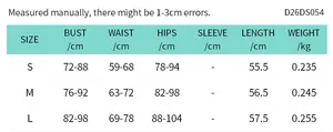 Size chart for halter mesh dress showing S, M, L measurements in centimeters and weight