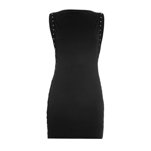 Detail of black sleeveless mini dress featuring metallic eyelet studs along side seams