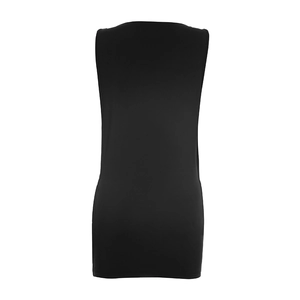 Back view of a sleek black sleeveless bodycon dress with minimalist round neckline