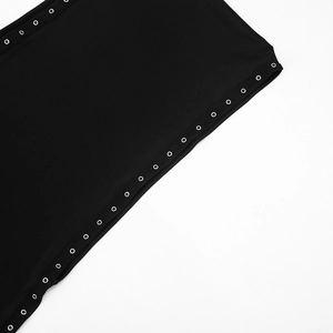 Detailed close-up of silver metal eyelets on the black sleeveless dress hemline