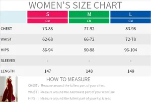 Women's burgundy sleeveless slit dress size chart with chest waist hip measurements