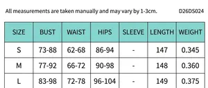 Size chart showing bust, waist, and hip measurements for this long chiffon dress
