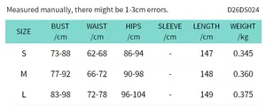 Detailed size chart for sleeveless chiffon slit dress showing bust and length metrics