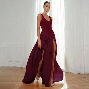 Women Elegant Square Neck Sleeveless Patchwork Chiffon High Slit Maxi Dress Sexy Slim Fit Solid Color Party Evening Dress