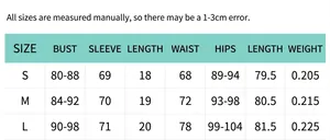 Detailed size chart for the lace long sleeve 3-piece swimsuit and beach dress set