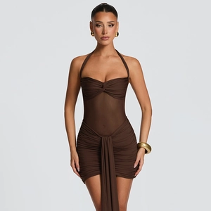 Dark brown halter neck bodycon mini dress with mesh patchwork and ruched detailing
