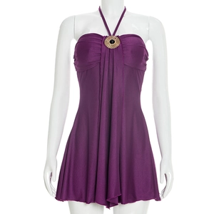 Detail of elegant purple halter dress with gold metal ring and black gemstone accent