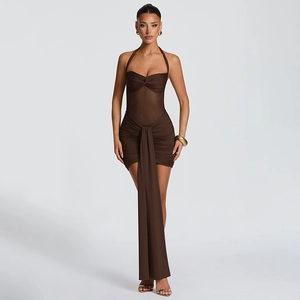 Deep brown halter neck mini dress with mesh patchwork and long decorative fabric drape